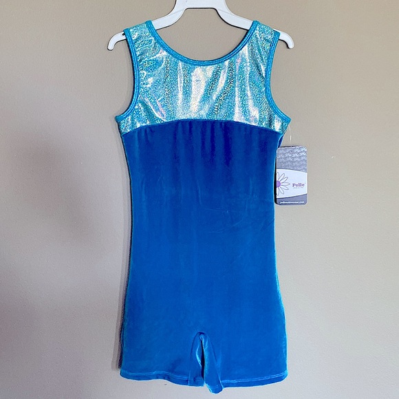 🆕PELLE- Gymnastics Biketard for Girls - Princess Turquoise Velvet- Kids Size L - Picture 1 of 11